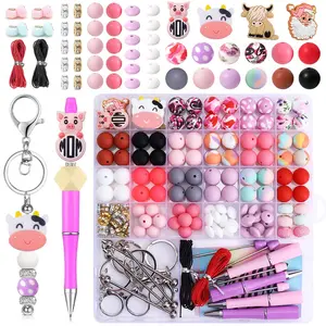 146 Piece Multi-Color Silicone Beads Set, DIY Beading Accessories, Includes 12mm & 15mm Silicone Beads for Keychains, 10mm Flat Round Spacer Beads for Pen Decorations