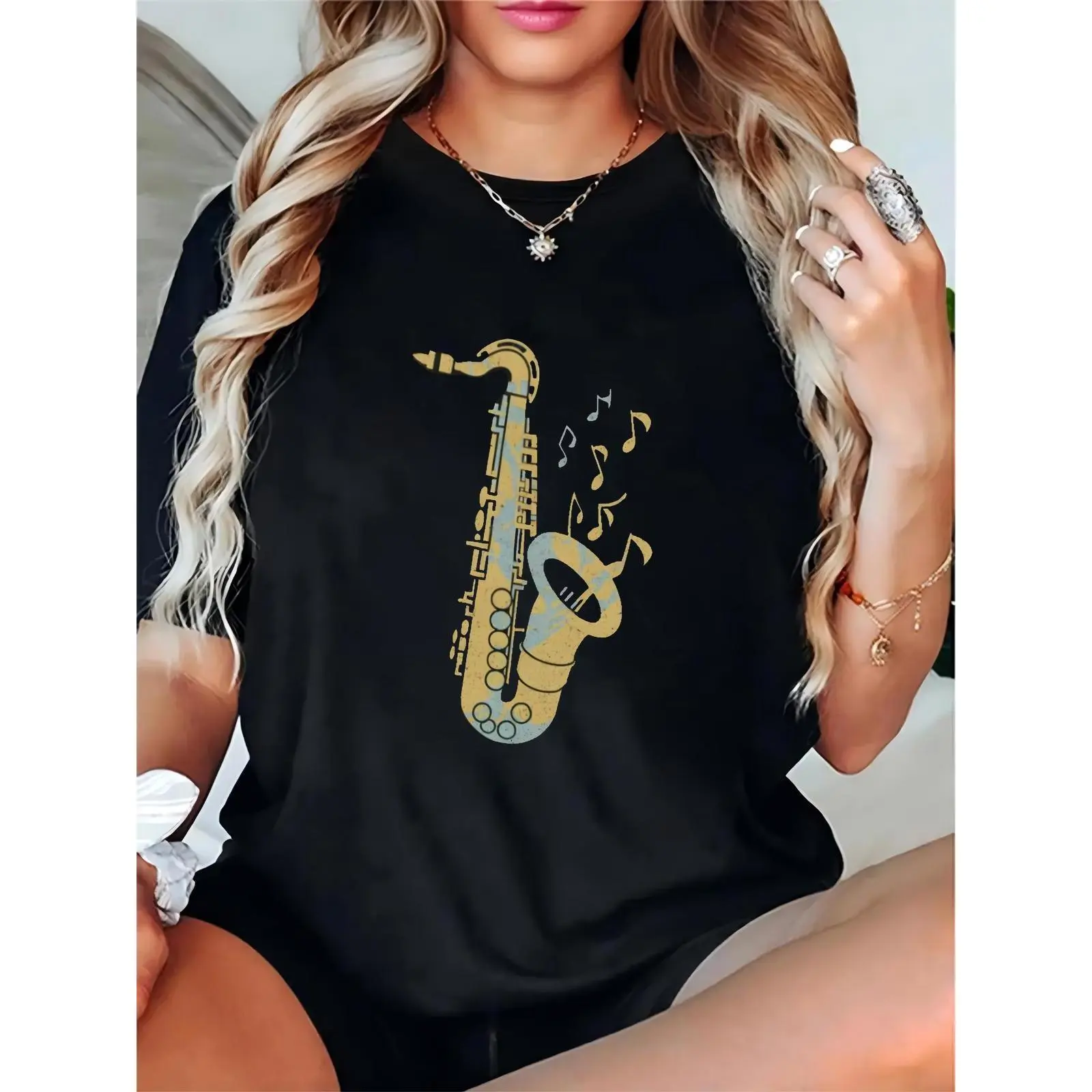 Women's Black T-Shirt with Vintage Saxophone & Musical Notes Print, Perfect for Music Festivals, Concerts, Casual Wear