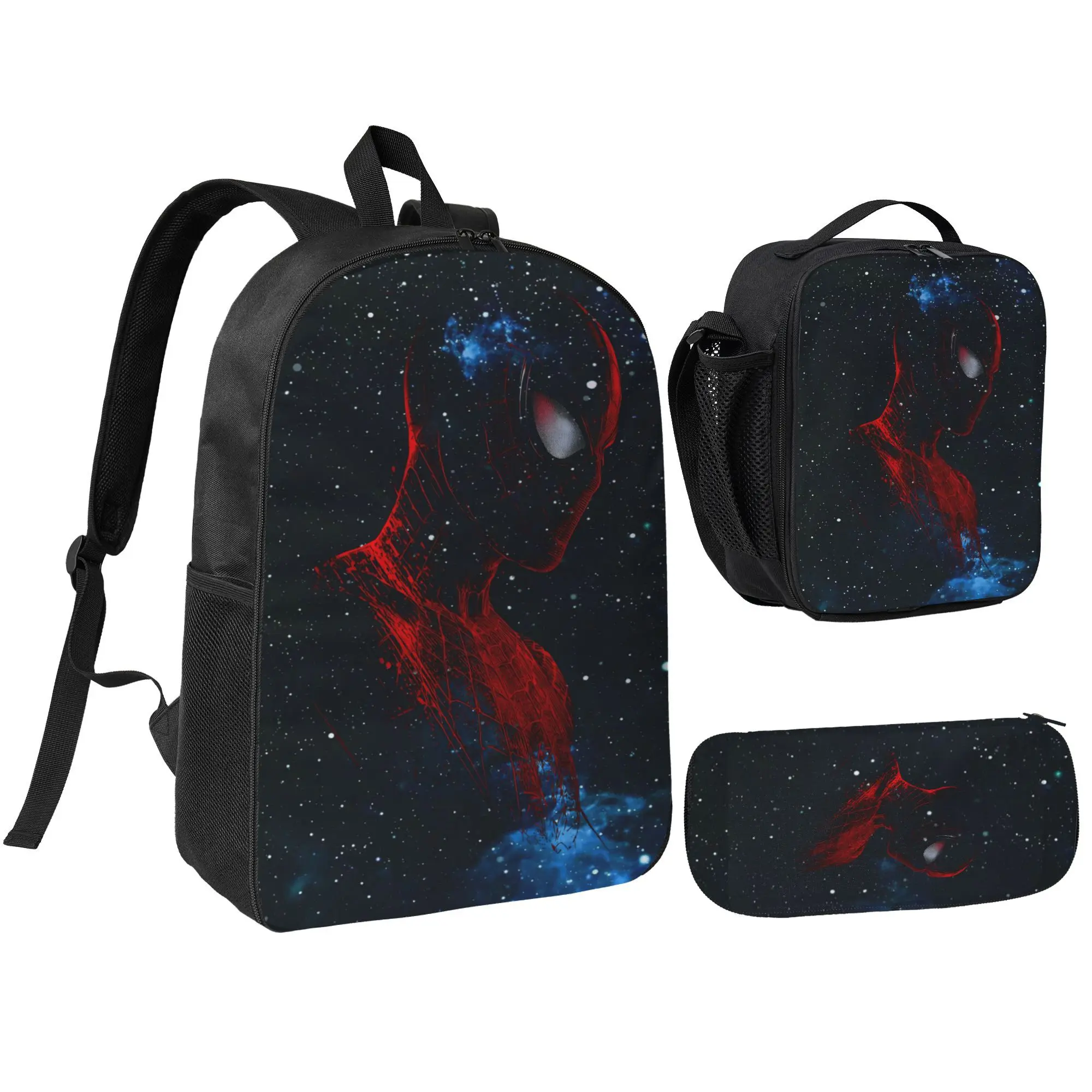 3PCS Kids Red Web Graphic Backpack Set, 17 Inch School Bookbag with Lunch Bag & Pencil Case, Black Printed Design Backpack for Boys & Teens
