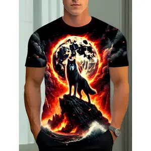 Men'S Volcano Sea Wolf Full-Body 3D Wolf And Volcano Print T-Shirt - Short-Sleeve, Round-Neck, Casual Summer Wear, Features Heat-Transferred Design, Suitable for Outdoor Activities And Holiday Gifts (Machine Washable), Plus Size