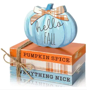 Fall Wooden Tiered Tray Decor Faux Decorative Stacked Books Bundle Wooden Pumpkin Decor Hello Fall Wooden Block Sign for Autumn Thanksgiving Farmhouse Rustic Decor Kitchen Home Decoration