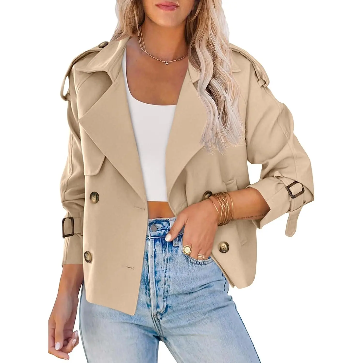 Lannew Women Crop Double Breasted Trench Coat Raglan Sleeve Work Office Cropped Jacket With Pockets