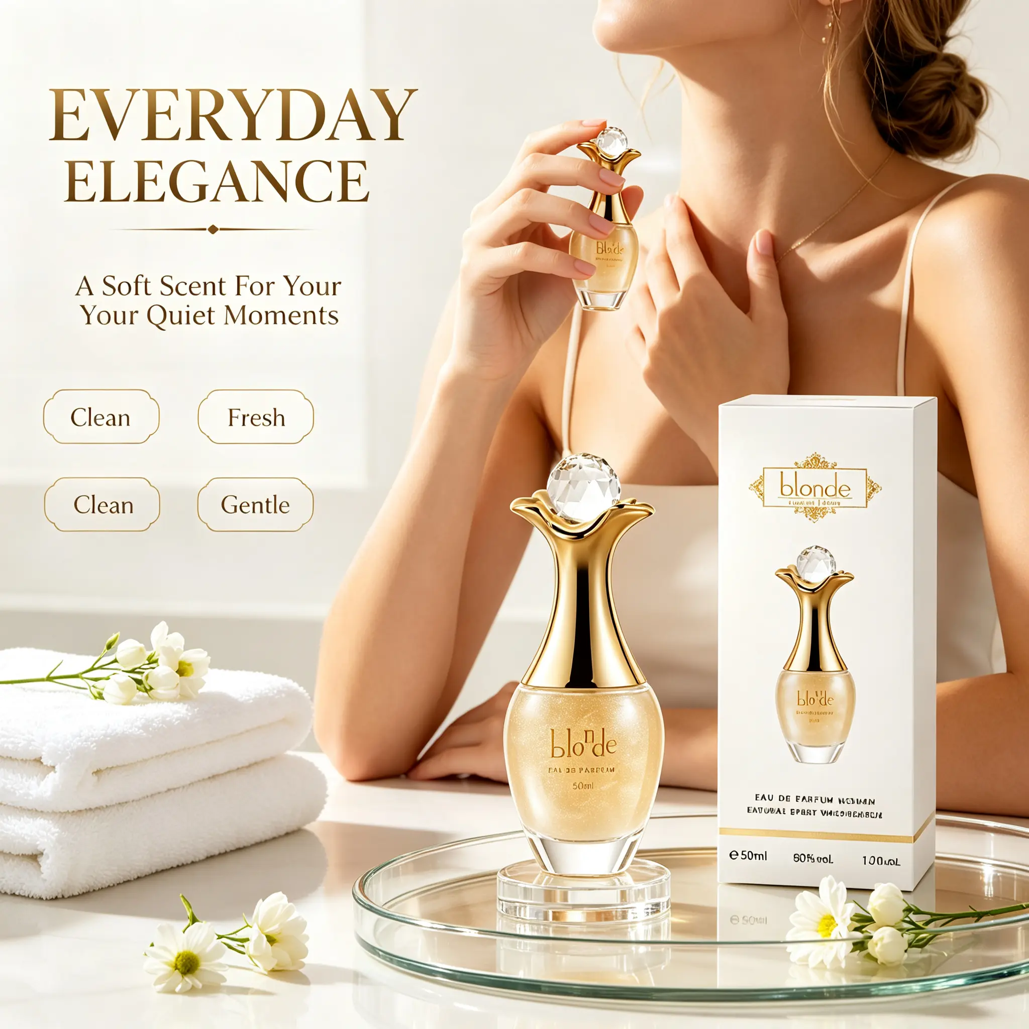 Women's Blonde Flower-Bud Crystal Eau de Parfum (50ml) - Long-Lasting Floral Vanilla Scent, Luxury Gift Box for Dating, Special Occasions