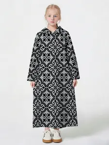 Bottom Pattern Girl Headscarf Dress, Muslim Girls' Elegant Party Gown, Long Sleeve Loose-Fitting Asymmetrical Design