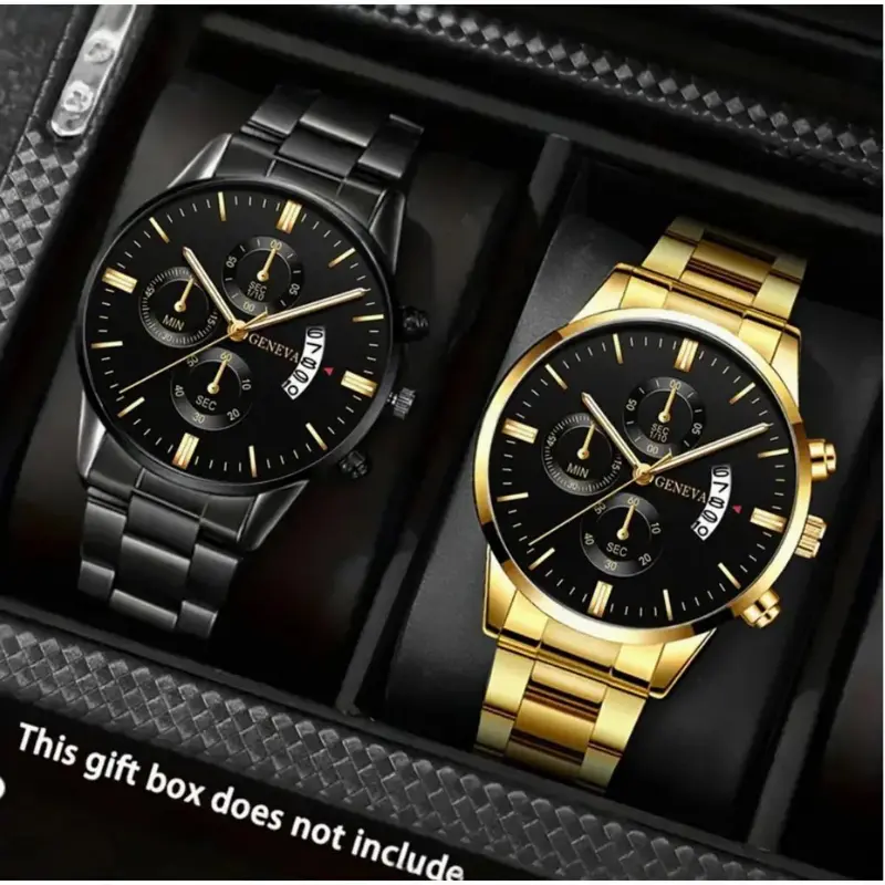 Men's Quartz Wristwatch Set of 2, Luxury Gold & Black Watches with Stainless Steel Band, Durable Fashion Analog Wrist Watch, Stylish Accessory for Business Casual Formal Daily Wear for Men