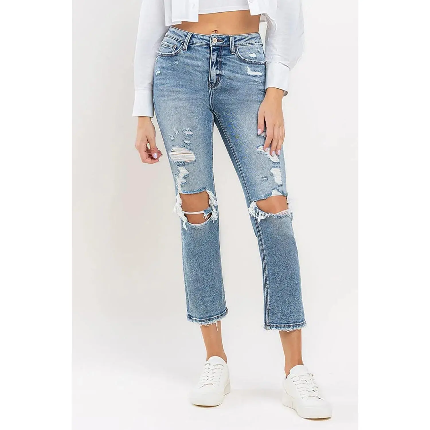 Lovervet by Vervet Women's High Rise Slim Straight Jeans - Stretchy Distressed Denim with Raw Hem, Inclusive Sizing, Spandex-Elastane Bottoms for Casual Chic Essential Outfits