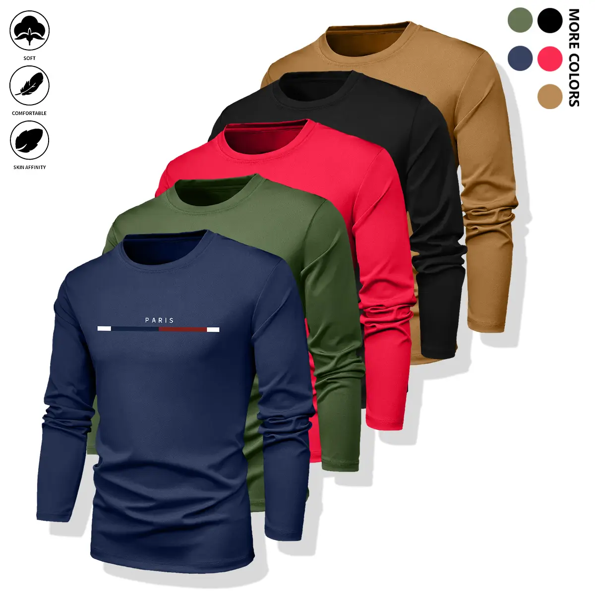 5-piece set of men’s ultra-light long-sleeve crew-neck T-shirts—quick-drying, breathable, moisture-wicking; casual men’s long-sleeve apparel; breathable, moisture-wicking; crew-neck design—men’s gift recommendation summervibes