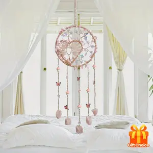 Bohemian Heart Wall Hanging Natural Crystal Wind Chime Decor Handmade Stone Beads Purple Heart Pendant No Electricity Needed Spiritual Home Decoration for Living Room Bedroom Christmas MotherS Day Thanksgiving Housewarming Gift for Women Mothers Boho Love