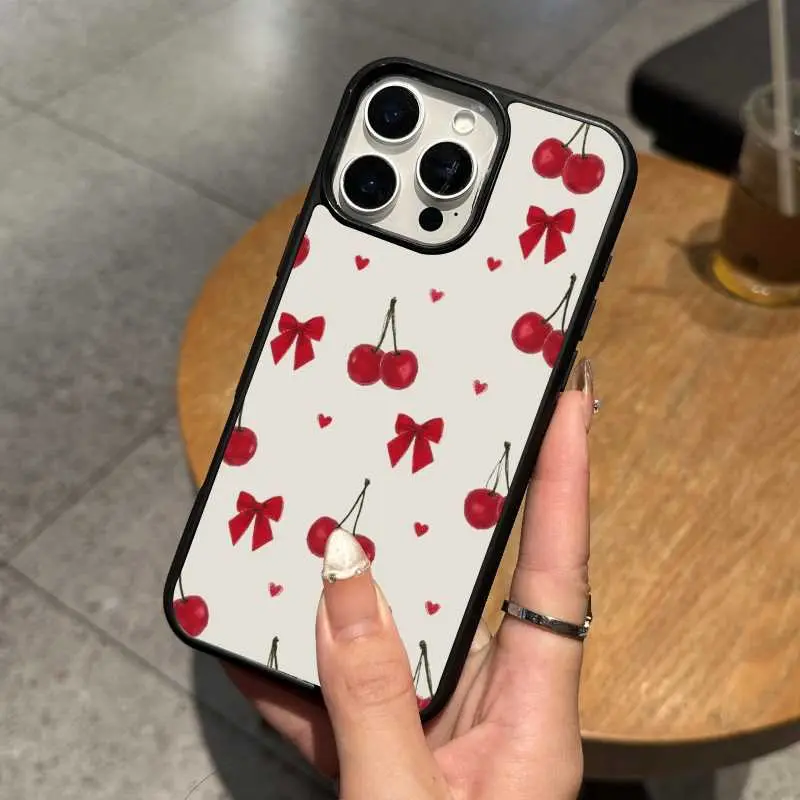 Compatible with iPhone 16 Pro Max /15/14/13/12 Phone Case Cherries and bows Pattern  simple phone case NHrm32-23