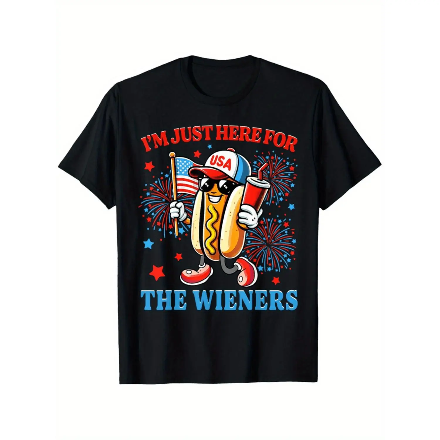 Women's Graphic Short-Sleeve Cotton T-Shirt - "Just Here For E Hot Dog American" Print, Casual, Normal Type, Super Soft, Breathable, Moisture-Absorbent, Black, Ideal for Pairing with Jeans, Gift Option, Shortsleeve, Street, Crew Neck