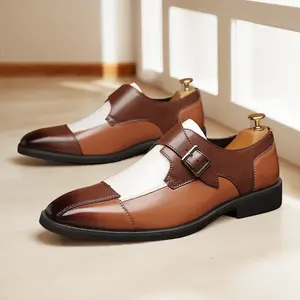 Men's Two-Tone Monk Strap Dress Shoes, Brown & White Formal Leather Shoes81960