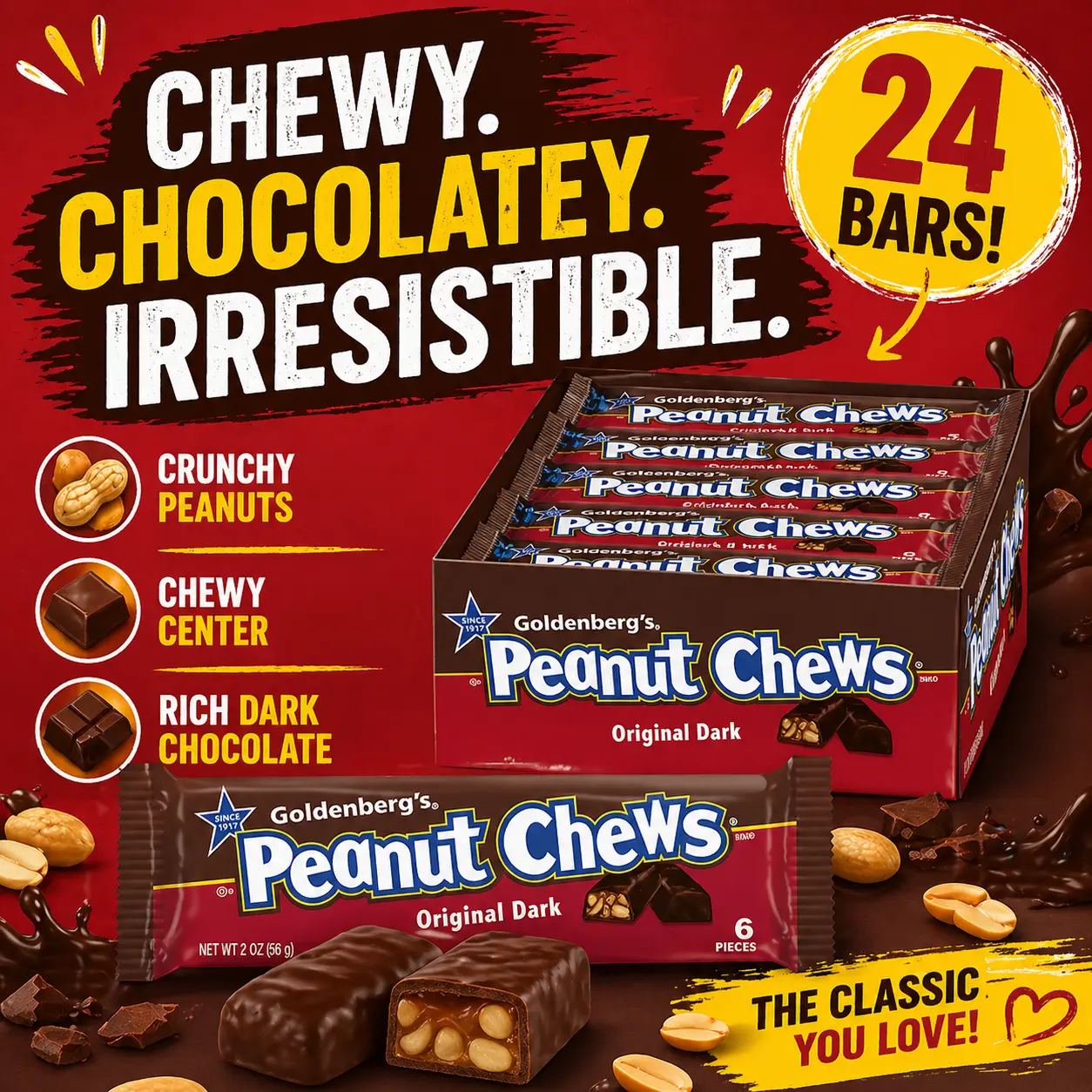 Goldenberg's Original Dark Chocolate Peanut Chews Bar 2 oz 24 Count  Chewy Peanut & Dark Chocolate Candy Bars | Individually Wrapped Classic Treats