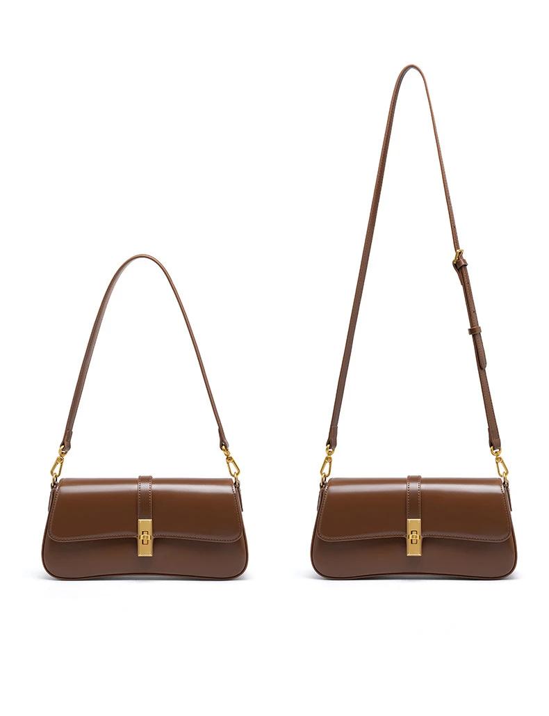 Minimalist Brown Leather Baguette Bag for Women Retro Underarm Shoulder Purse with Gold Lock
