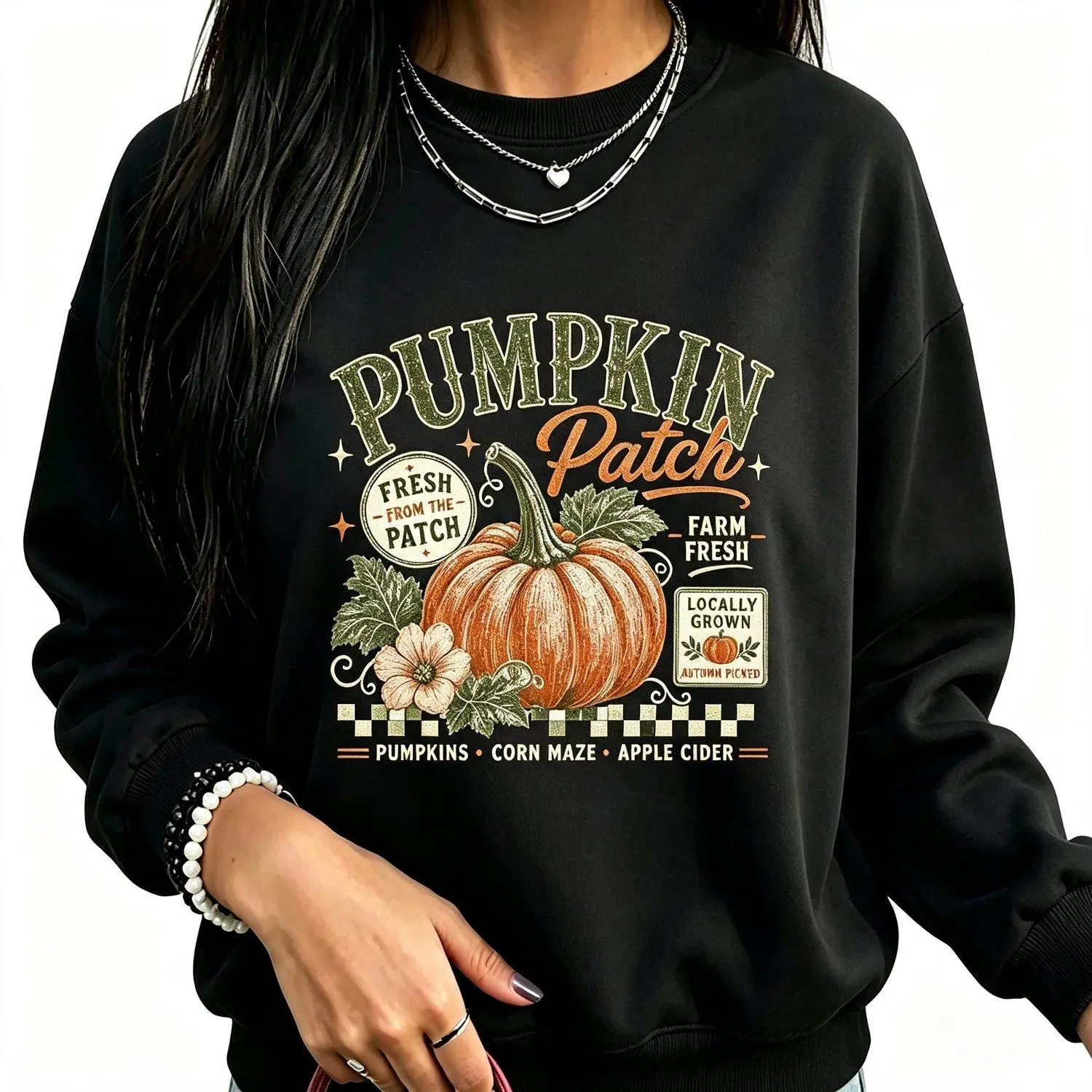 Crew Neck Sweatshirt Retro Pumpkin Patch Farm Fresh Fall Harvest Graphic Pullover Cozy Vintage Style Casual Relaxed Fit Seasonal Autumn Apparel