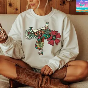 Western Saddle Floral Graphic Crewneck & T-shirt, country clothing, Western Cowboy Graphic Hoodie, Trending Western Graphic Hoodie, western clothing, Cowboy Stuff, Western Sweatshirt, Turquoise Tee