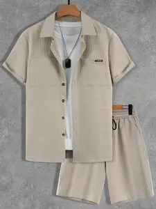 Men's Summer Two-Piece Set, Textured Bread Grid Fabric Short Sleeve Shirt, Casual Outdoor Sports Leisure, Fashion Travel Wear