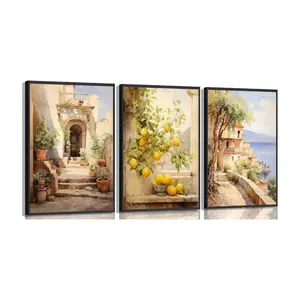 3Pcs Italian Amalfi Coast Wall Art Vintage lemon Tree Wall Decor Print Artwork Mediterranean Travel Landscape Painting Pictures for bedroom living room home decoration Poster Unframed