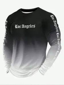 Men's Casual Sports Long Sleeve T-Shirt, 100% Polyester Knit Fabric, Round Neck, Regular Fit, Geometric Pattern, Spring & Fall Wear, Casual Sports Top, Round Neck Tops
