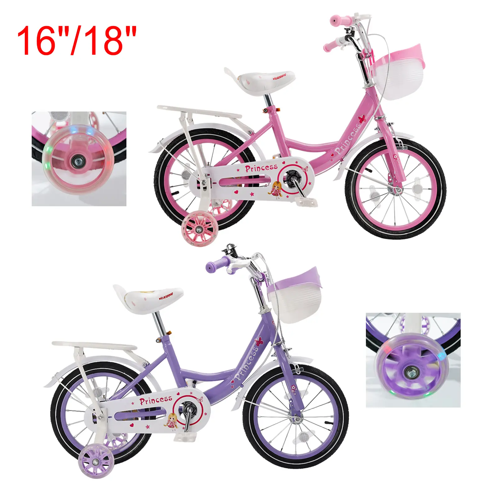 16"/18" Bicycle for Kids Princess Bike with Training Wheels, Pink/Purple/Green