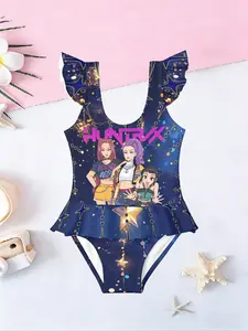 Girls' Huntrix Hunter Girl Group Kpop Swimwear, Cartoon Anime Beach Vacation Swimsuit, Sleeveless Casual Bathing Suit