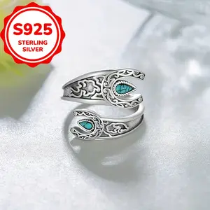 Bohemian style adjustable 925 sterling silver ring with turquoise inlay - retro carved design, hypoallergenic, perfect gift for women