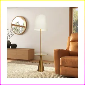 Celestial Modern Floor Lamp with Brass Accent Table with Large White Shade