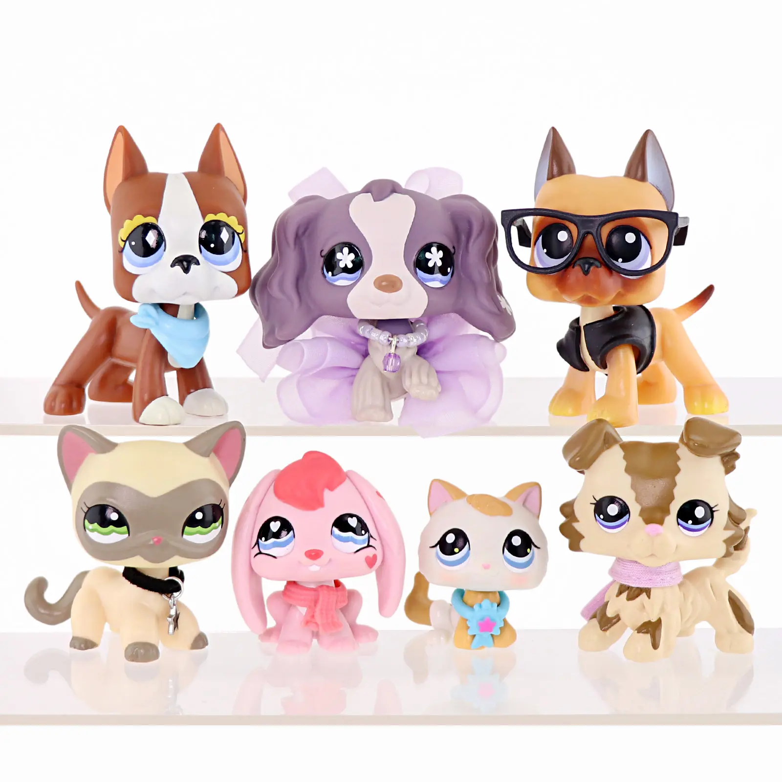 7 Pcs Mini Pet Animal Figurines Set, Hand Painted Kitty Cat, Puppy Dog & Bunny Rabbit Figures with Tutu Skirt, Glasses, Scarf and Necklace Accessories, Cute Desktop Ornaments, Collectible Toy Gift for Kids & Animal Lovers