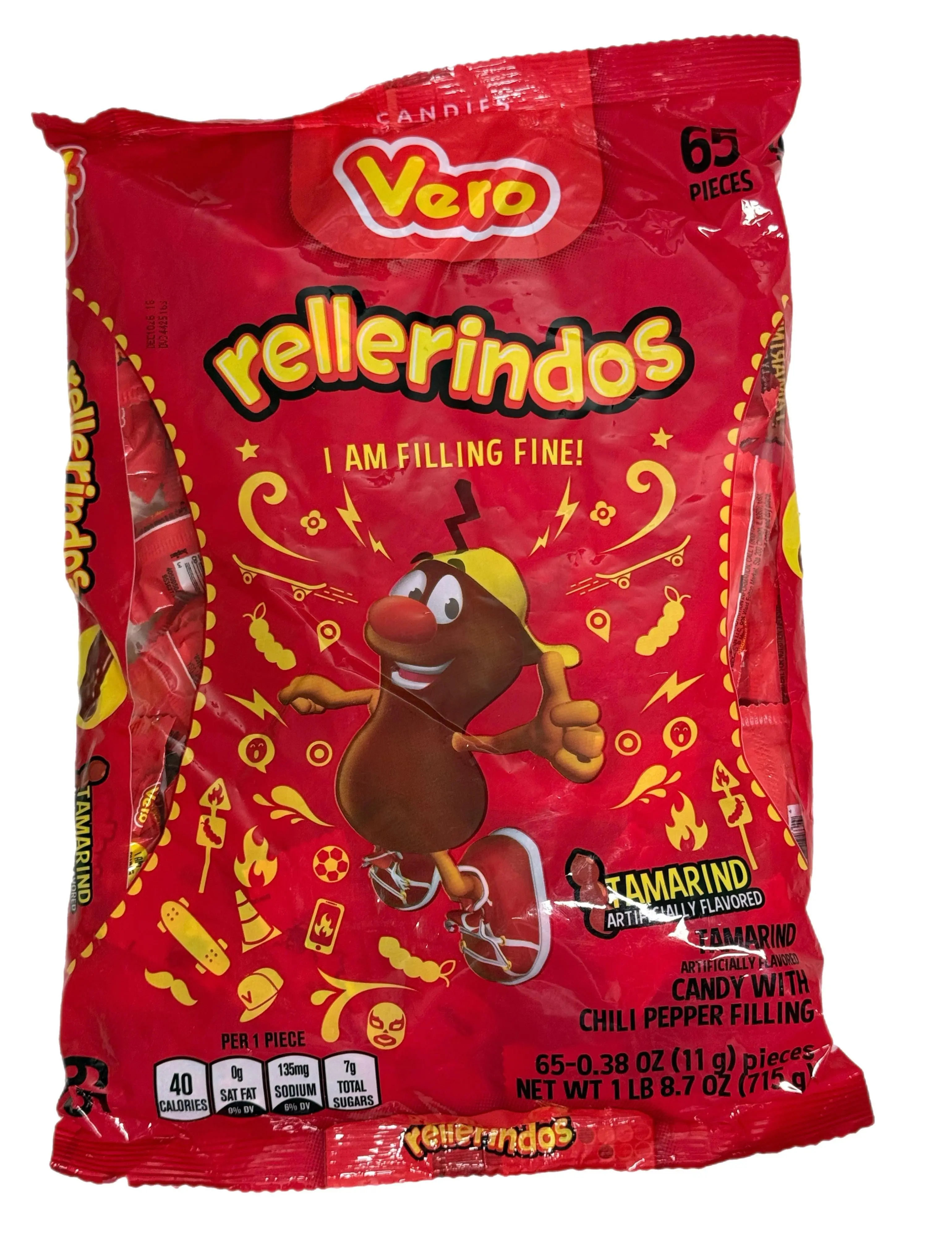 Vero Rellerindos – 65 Pieces – Mexican Tamarind Candy with Chili Pepper Filling – 1 lb 8.7 oz (715 g)