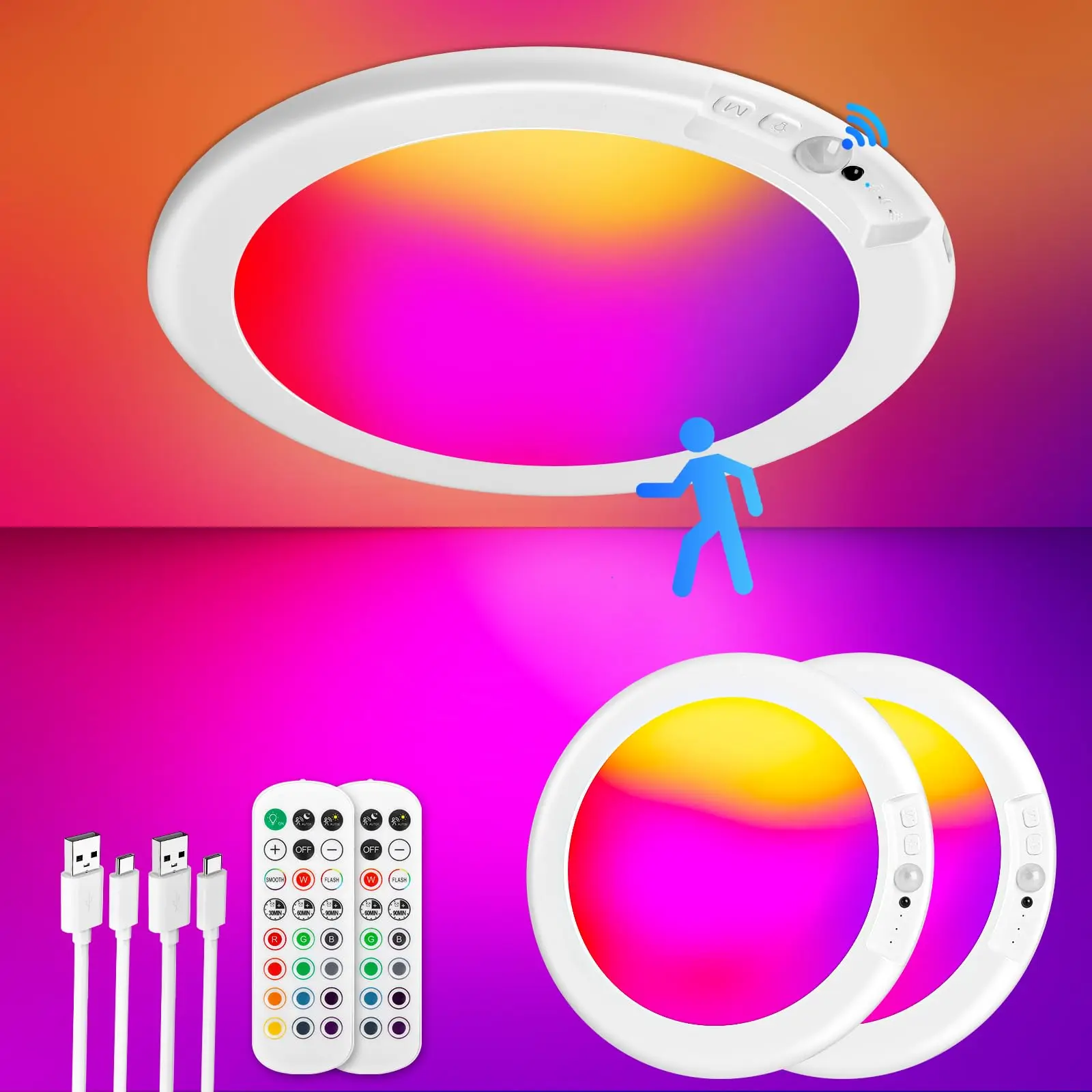 Rechargeable RGB Ceiling Light with Remote & Motion Sensor – Magnetic LED Room Light, Ideal for Bedroom, Gaming Setup, Dorm & Closet