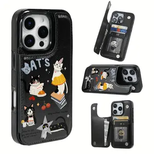 Cases with Black and Pink Flap, for iPhone 17 16 15 14 13 12 PRO MAX PLUS and 17 AIR Series, PLUS. Includes credit card slots and key slots, mobile phone case with wallet.