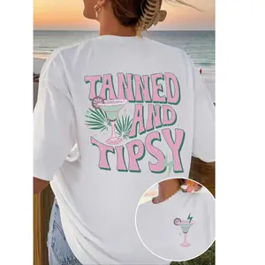 Women's Cocktail & Letter Graphic Drop Shoulder Tee, Casual Comfy Tee, Casual Short Sleeve Round Neck T-shirt for Summer, Ladies Clothes for Daily Wear