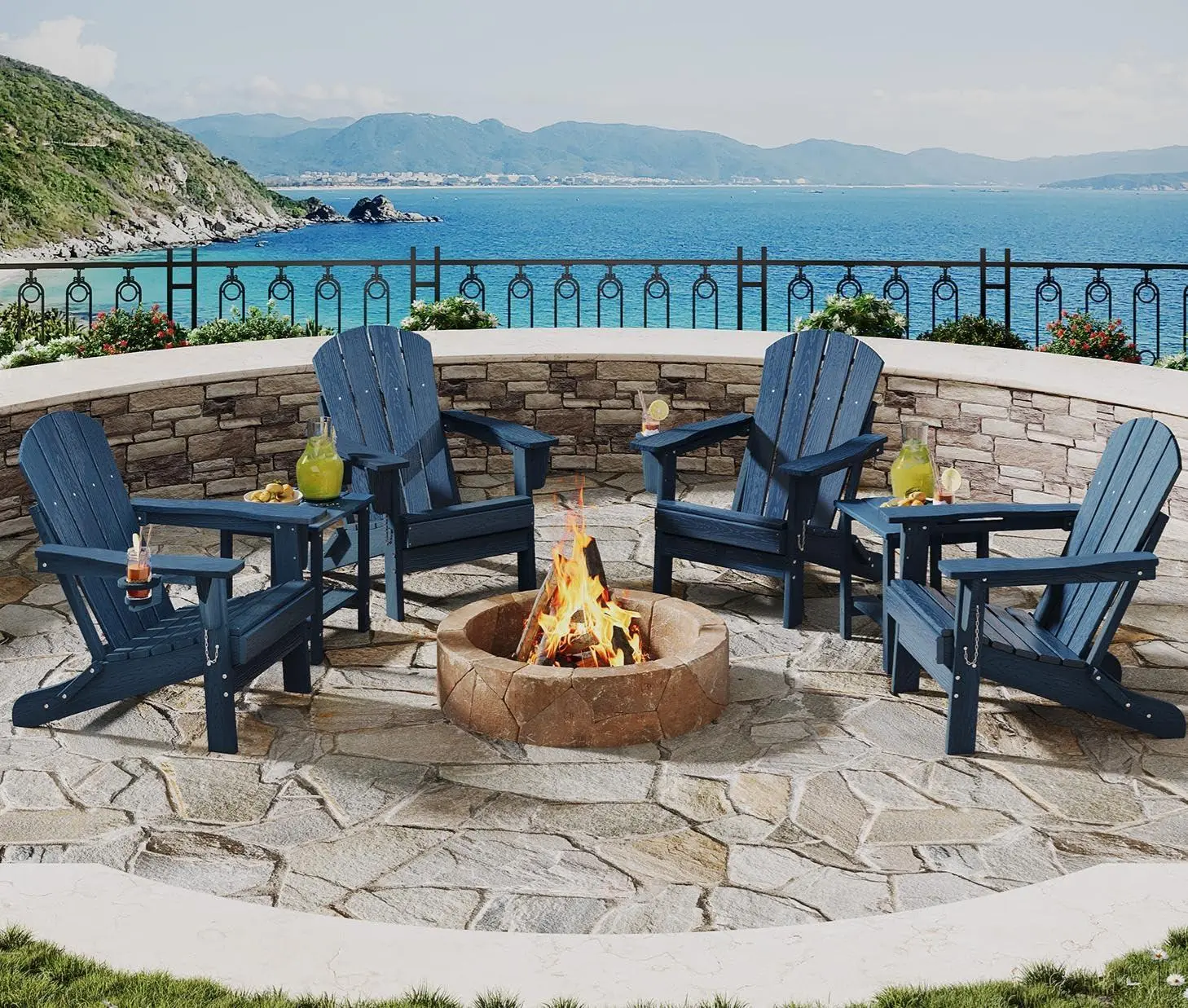 Gaomon 4-Piece Folding Adirondack Patio Furniture Set, HDPE Plastic Outdoor Chairs with 2 Side Tables, Cup Holders, Wide Arms, All-Weather Wood Grain for Patios, Fire Pits (Outdoor Furniture Set), Outdoor Patio Furniture