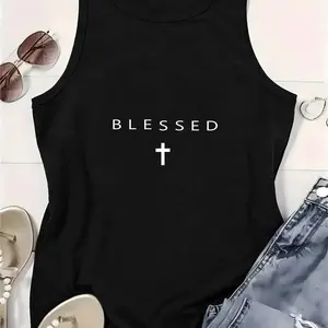 Blessed Cross Tank Top Rayon Polyester Spandex Blend, Women's Christian Faith Graphic Vest, Minimalist Casual Top