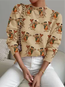 Women's Cartoon Print Stand Collar Short Sweater, Casual Fitted Long Sleeve Knitwear for Fall Winter, Comfortable Warm Daily Wear