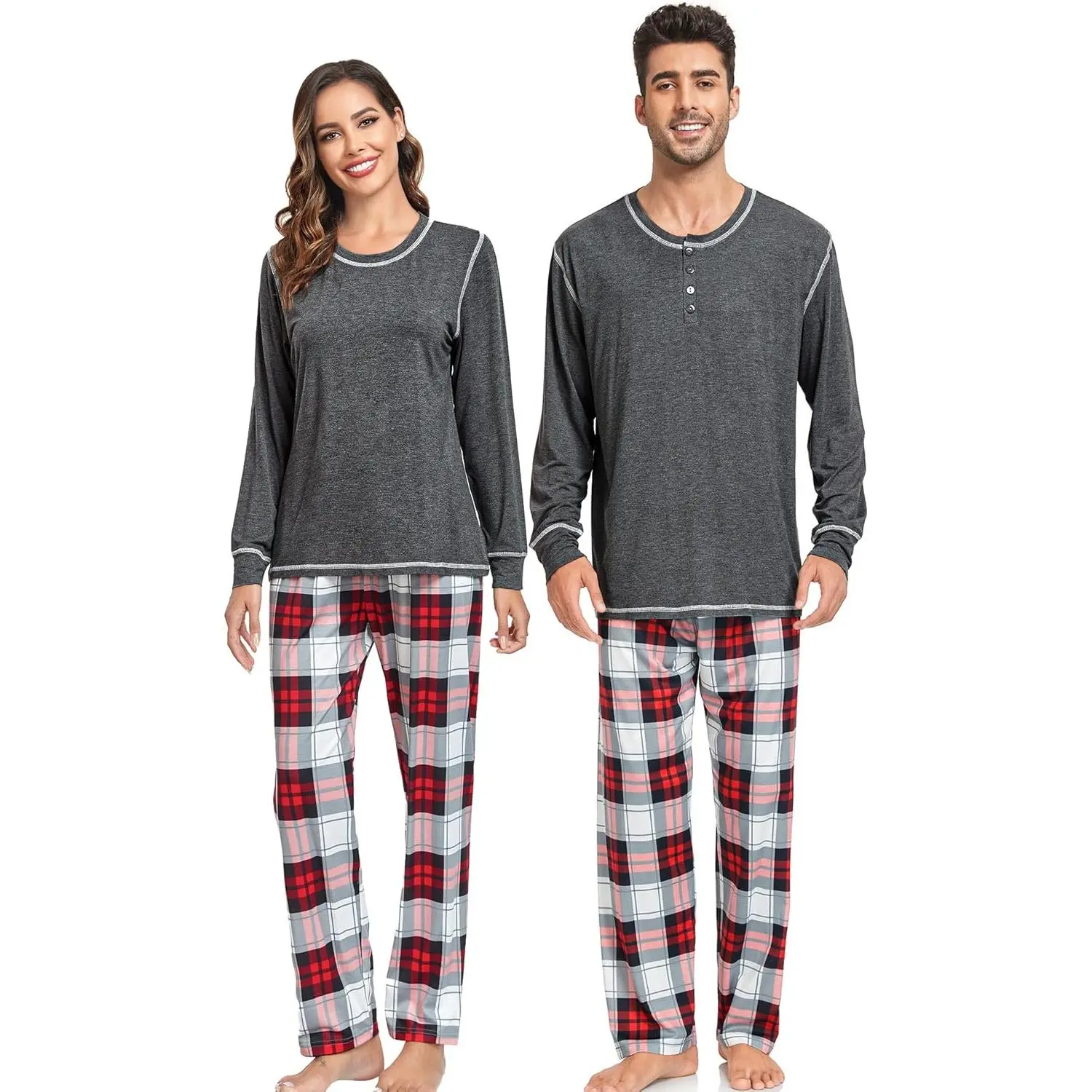 Pajama Set for Couples, Traditional Matching 2-Piece Christmas Nightwear with Comfy Long Sleeve Top and Elastic Waist Plaid Pants, Women, Fit, Longsleeves