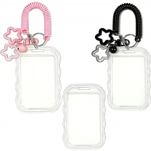 Star Wave Photocard Holder Keychain, Clear Kpop PC Holder for Photo Card Protection, Transparent ID Badge Cover for Bus Pass Student and Anime Fans with 1 Card Sleeve, Retractable Badge Reel (Black Pink)