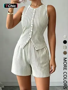 2-Piece Set Round Neck Sleeveless Button Crop Top Striped T-Shirt + Elastic Waist Short Pants, Casual Loose-Fitting Home Womenswear
