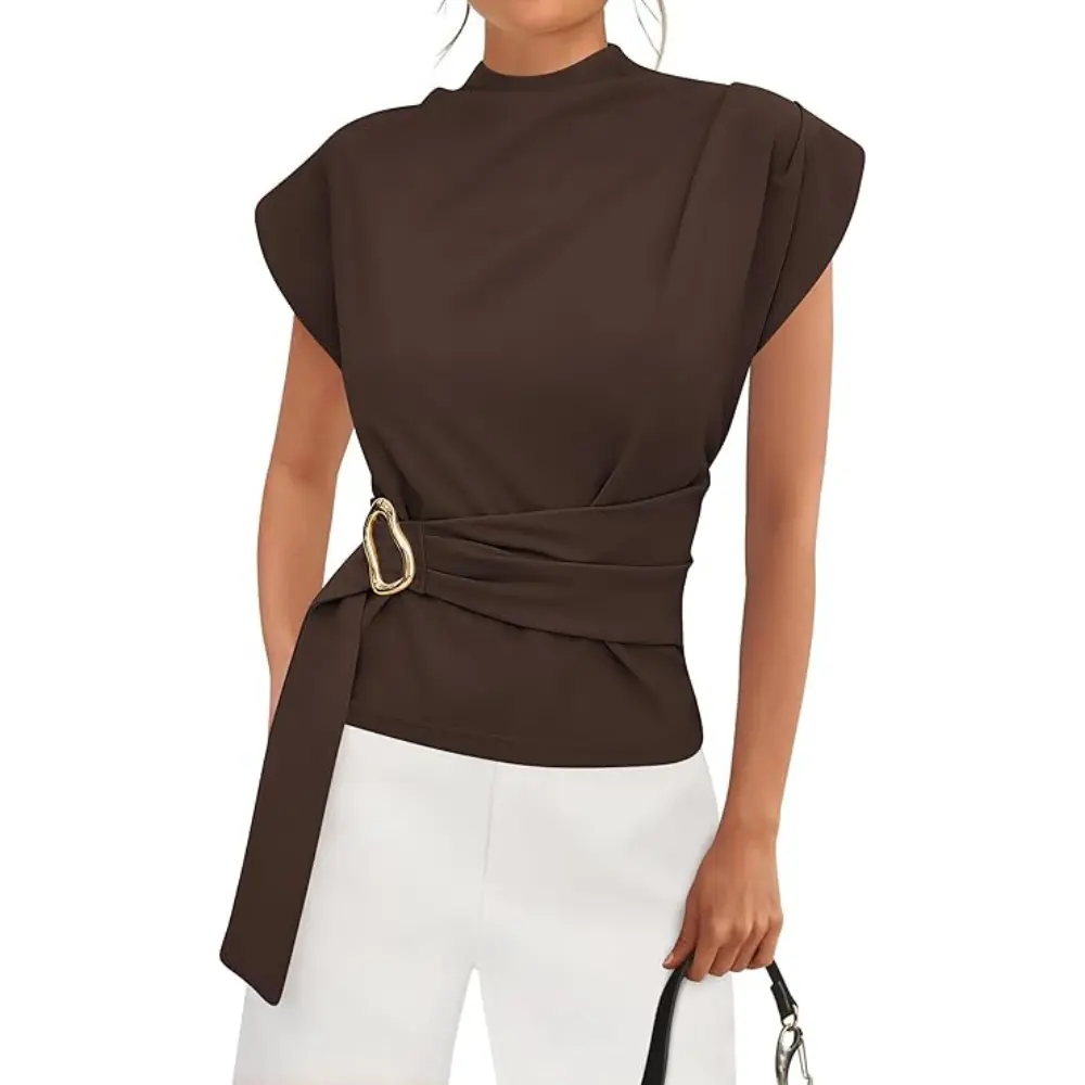 PrettyGarden Women Blouses Spring Dressy Cap Sleeve Mock Neck Work Shirts Buckle Tunic Summer Business Casual Tops PrettyGarden Women Blouses Spring Dressy Cap Sleeve Mock Neck Work Shirts Buckle Tunic Summer Business Casual Tops