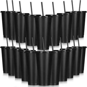 24 Pack 24oz Reusable Drinkware Tumblers with Lids & Straws - Washable Travel Mugs for Hot/Cold Beverages, Parties & Birthdays (Black)