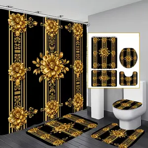 Flannel-Polyester U-Type Shower Curtain Set, 4PCS Black Gold Flower Geometric Print Luxury Grand Opulent Modern Waterproof Soft Fabric with 12 Hooks, Non-Slip Bath Mat, for Bathrooms & Hotels, Garden-Ready Bathroom Trim