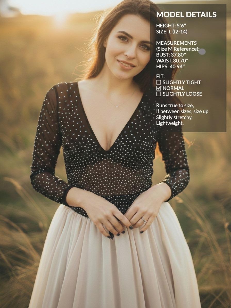 UEOIOW Women's Sparkly Rhinestone Mesh Top, 2026 Sexy V-Neck Long Sleeve Sheer Glitter Blouse, Party-Club Night Concert Outfit