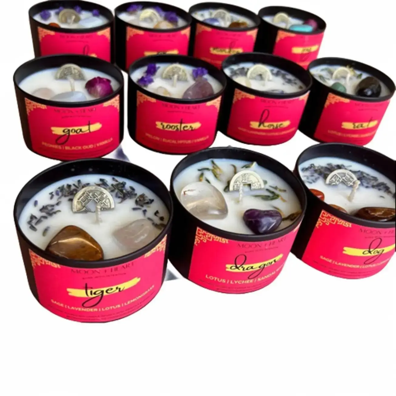 MOON+HEART Chinese Zodiac Soy Wax  Candles with Feng Shui coin and  Genuine crystals and
