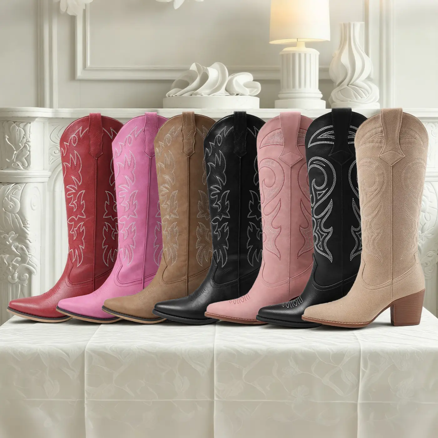 AOSPHIRAYLIAN Vintage Embroidered Pointed Toe Cowboy Boots for Women Mid Calf Western Cowgirl Boots with Chunky Heel Country Girl Boots for Music Festival Easter Rodeo Daily Wear Country music summerwins Walking Shoes