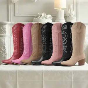 AOSPHIRAYLIAN Clearance Sale Vintage Pink Embroidered Pointed Toe Cowboy Boots for Women Knee High Western Cowgirl Boots with Chunky Heel Country Girl Boots for Music Festival Easter Rodeo Daily Wear