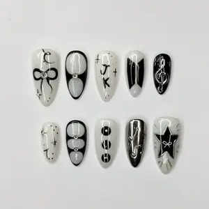 JungKook Inspired Black & White Nails| Kpop JK Solo Era Press Ons| Y2K Star and  Bow Nails| Musical Note Gothic Press Ons| JC364IC