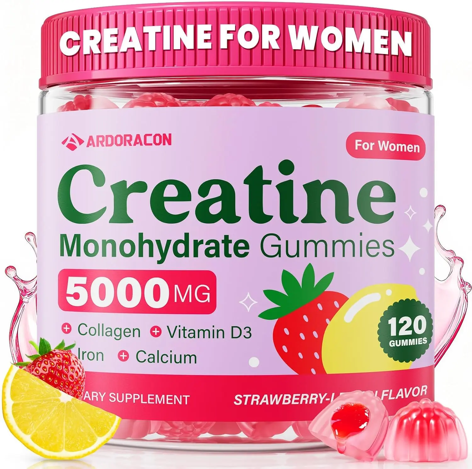 Sugar Free Creatine Monohydrate Gummies for Women with Collagen Vitamin D3 and Calcium for Lean Muscle Growth Booty Support and Energy Boost Pre and Post Workout Daily Gym Fitness Supplement Chewables 120 Count