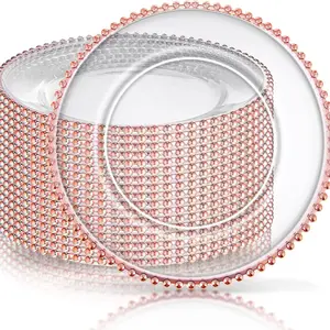 Rose Gold Clear Charger Plates with Beaded Rim, 13 Inch Plastic Round Plates, Bulk for Dinner, Home Kitchen, Wedding Party Tabletop