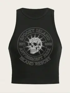 Ladies' summer skull and letter print round neck off-shoulder top, Y2K style Aesthetic tight-fitting sleeveless vest, moderate fabric, casual wear