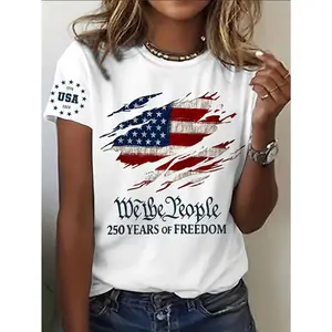 Women's Patriotic Christian Faith T-shirt, American Flag Cross Print Short Sleeve, Faith Overcomes Fear, Casual Crew Neck Top, Gift for Patriotic Veterans