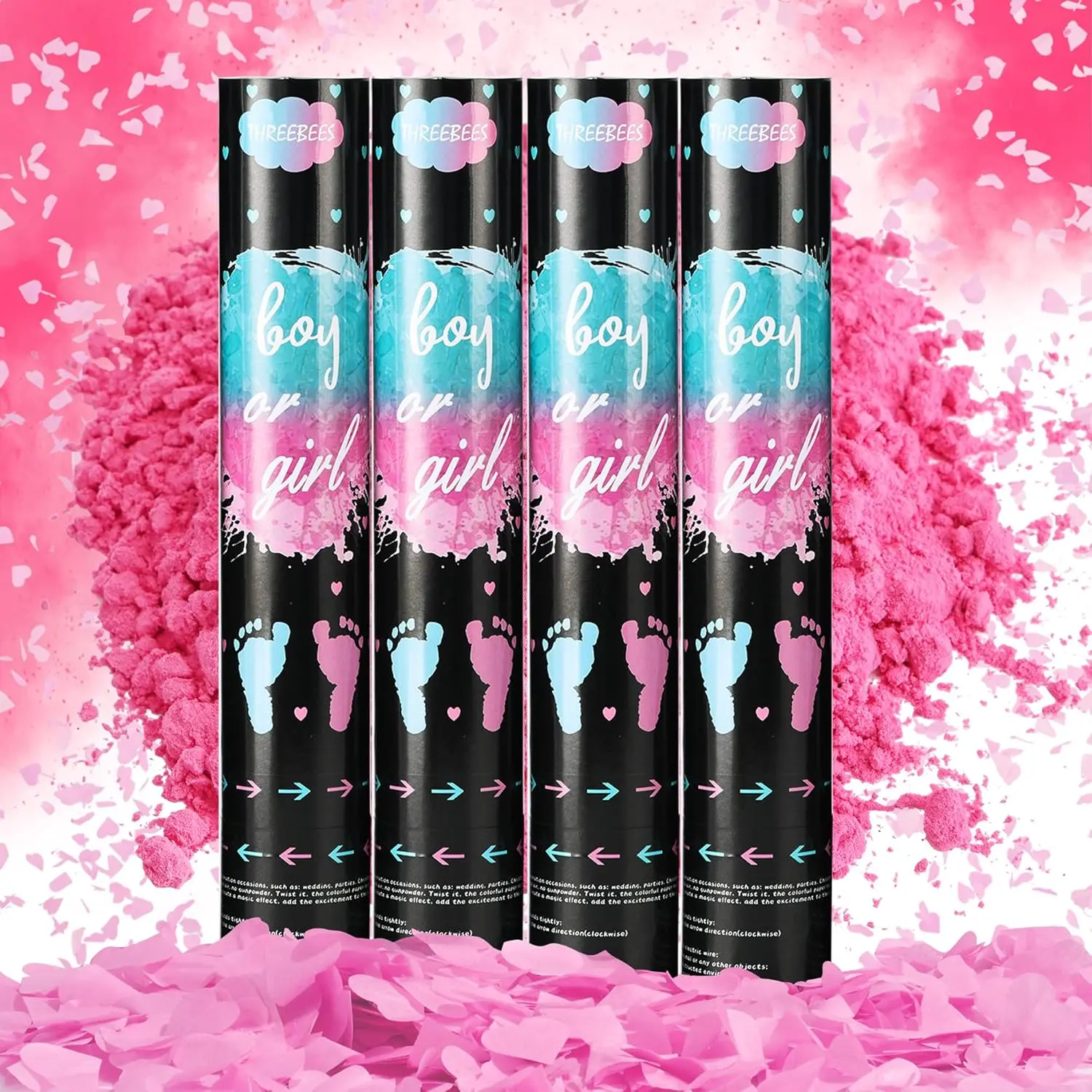 4 Pack Gender Reveal Confetti Cannon, Biodegradable Pink Confetti Paper with Cornstarch Powder, Air Powered Launches 16-26ft, Confetti Blaster for Girl Gender Reveal, Pink